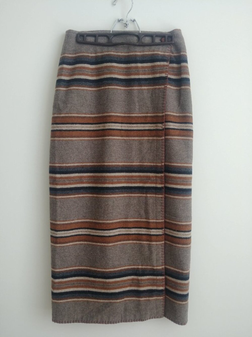 Tristan & Iseut made in Canada wool blend wrap front long brown striped skirt